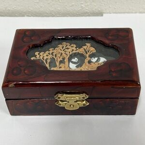 Vintage Chinese Lacquered Carved Cork Fretwork Diorama Art Jewelry Box Pandas